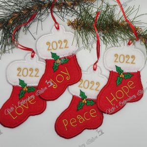 Stocking w/Holly Love, Joy, Peace, Hope Ornament Set