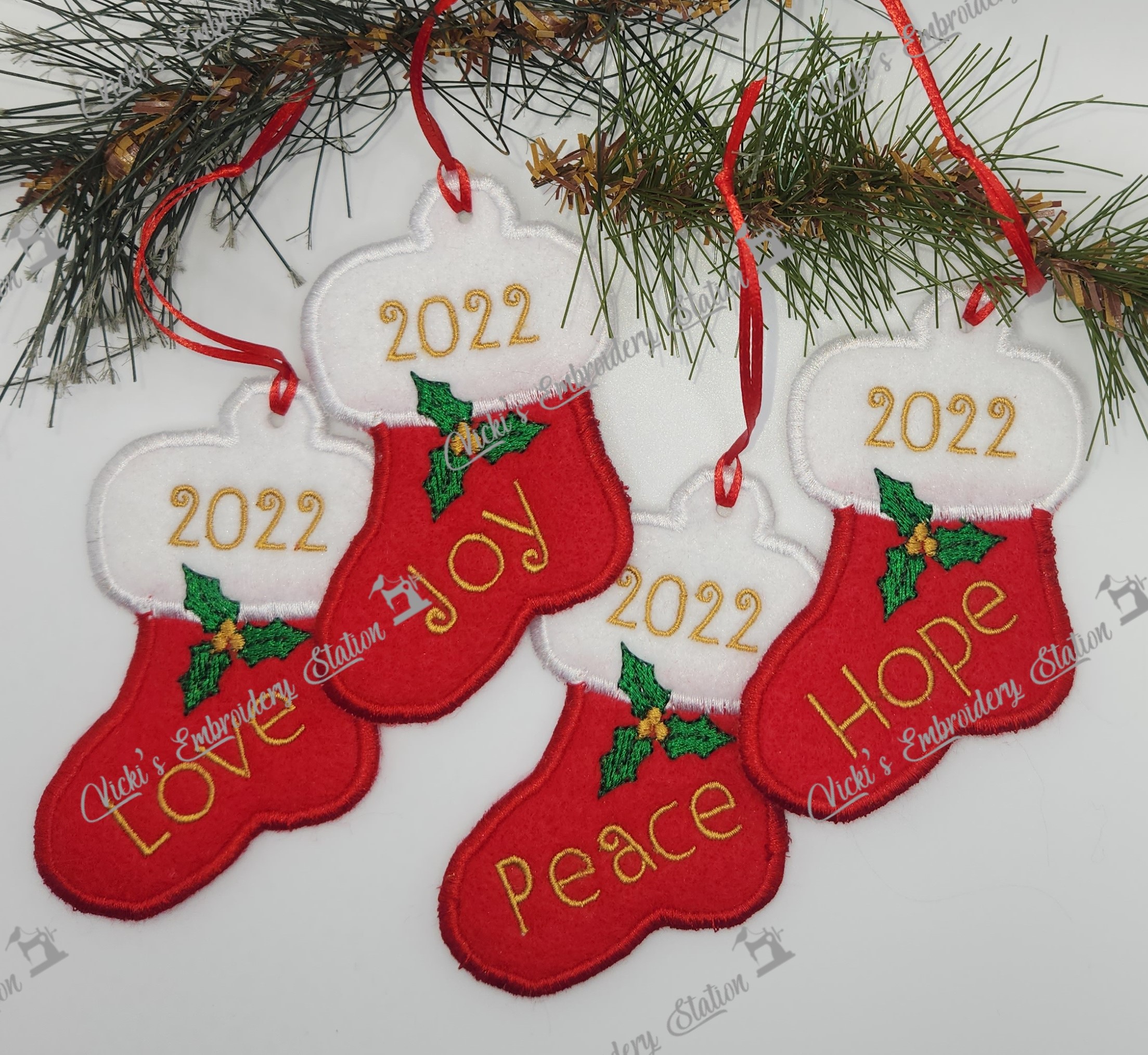 Stocking w/Holly Love, Joy, Peace, Hope Ornament Set